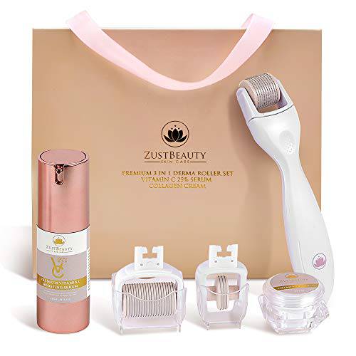 ZustBeauty – All in 1 Derma Roller Kit – 3-in-1 Derma Roller with 0.3mm Titanium Microneedling Heads for Eyes, Face and Body – Hydrating 25% Vitamin C Serum – Soothing Collagen Cream