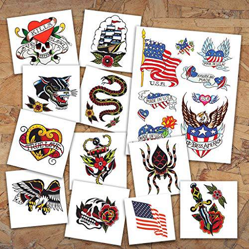 American Traditional Pack Temporary Tattoos | Pack of 10 | Skin Safe | MADE IN THE USA | Removable