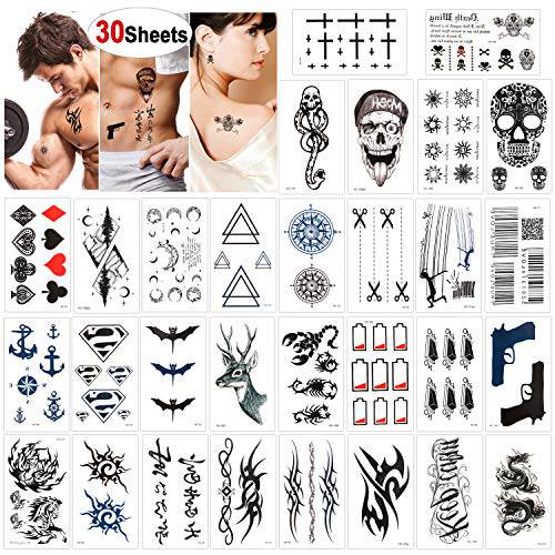 Konsait 30 Sheets Temporary Tattoos for Men Women Adult Fake Tattoo Body Art Stickers Waterproof Black Tiny Temporary Tattoo for Hand Neck Wrist Arm Shoulder Chest Back Legs, Dragon Anchor Lion Skull