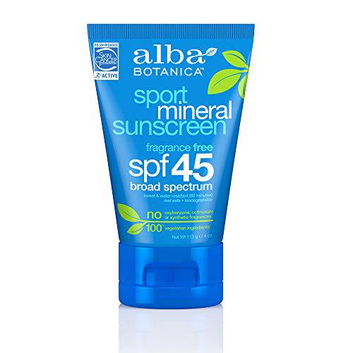 Alba Botanica Sunscreen Lotion, Sport, SPF 45, Fragrance Free, 4 Oz (Packaging May Vary)