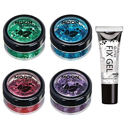 Biodegradable Eco Chunky Glitter by Moon Glitter - 100% Cosmetic Bio Glitter for Face, Body, Nails, Hair and Lips - 3g - Set of 4 - plus Glitter Fix Gel