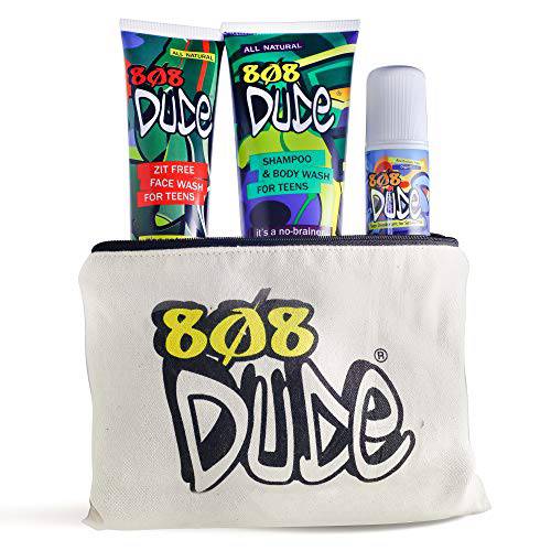 808 Dude Skincare Kit for Teens. Shampoo and Body Wash, Face Wash and Deodorant to Prevent Breakouts and Eliminate Body Odor with Eco-Friendly Cotton Toiletry Bag