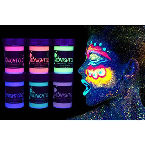 UV Neon Face & Body Paint Metallic Paint (6 Bottles 0.75 oz. Each) - Shimmer Makeup Blacklight Reactive Fluorescent Paint - Safe, Washable, Non-Toxic, By Midnight Glo