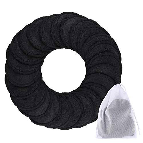 SIQUK 24 Pieces Reusable Cotton Rounds Black Makeup Remover Pads Layers Washable Organic Bamboo Cleansing Cloth Pads with Laundry Bag for Eye Makeup Remove Face Wipe