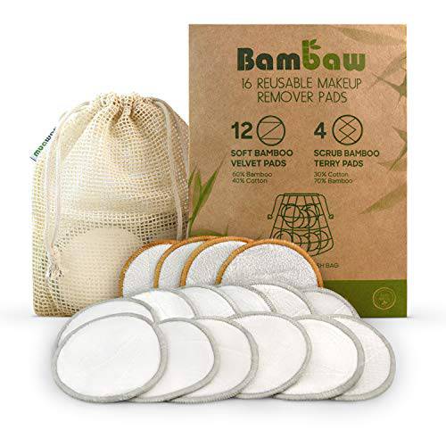 Reusable Makeup Remover Pads | 16 Makeup Remover Wipes with Laundry Bag | Reusable Cotton Pads | Reusable Cotton Rounds for Eyes and Face | Zero Waste Makeup Removing Wipes | Makeup Wipes | Bambaw