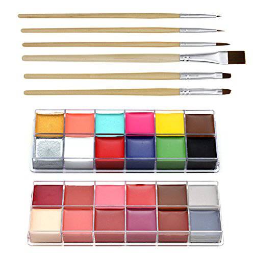 CCbeauty Professional Face Paint Oil 24 Colors Body Art Party Fancy Make Up with 6 Wooden Brushes