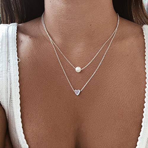 Artmiss Initial Heart Layered Pearl Pendant Necklace Silver Women Double Chain for Girls