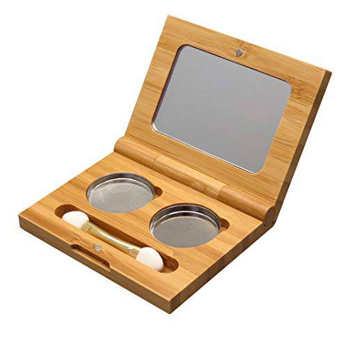 mollensiuer Bamboo Empty Eye Shadow Case Box Double Grid Magnetic Eyeshadow Makeup Palette Cosmetics Organizer Container with Makeup Brush and Aluminum Palette Pans for Eye Shadow, Blush, Powder