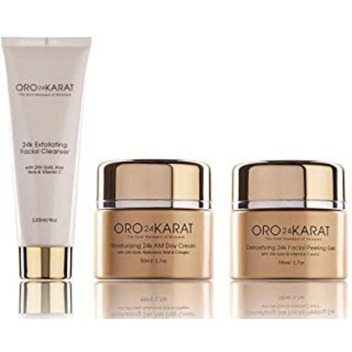GLO24K 24k Gold Moisturizing Day Cream, Peeling Gel, Exfoliating Facial Cleanser Complete Set