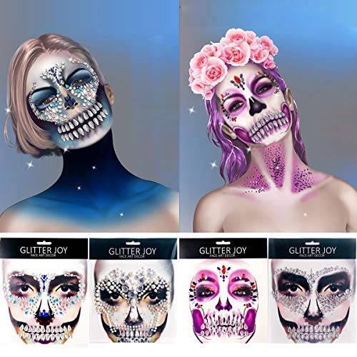 Skeleton Face Gems Jewels, Halloween Temporary Face Tattoos, Rhinestone Face Jewels Day of the Dead, Crystals Catrina Face Gems Stick on Halloween Prank Makeup Costume,4-Pack
