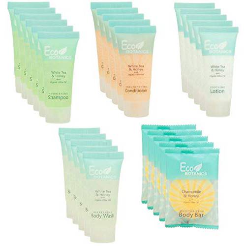 Eco Botanics Hotel Soaps and Toiletries Bulk Set | 1-Shoppe All-In-Kit Amenities for Hotels | 0.85oz Hotel Shampoo & Conditioner, Body Wash, Body Lotion & 0.89oz Bar Soap Travel Size | 75 Pieces