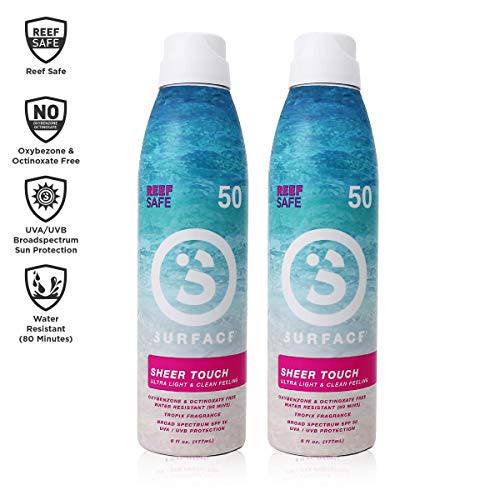Surface Sheer Touch Spray Sunscreen - Lightweight & Water Resistant Sunscreen Spray with Broad Spectrum UVA/UVB Protection - Cruelty & Paraben Free, Reef Safe Sunblock Spray - SPF 50, 6oz (2 Pack)