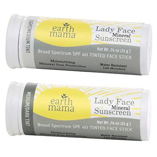Earth Mama Lady Face® Tinted Mineral Sunscreen Stick SPF 40 Set |Contains Certified Organic Shea and Coca Butter | Foundation + Concealer + Contour, Blends with Most Skin Tones, 2-Pack