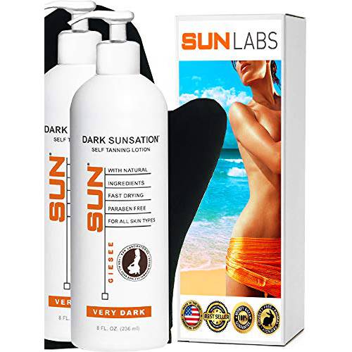 Sun Laboratories Self-Tanning Dark Sunsation Sunless Tanning Lotion and Mitt for a Golden Glow - Very Dark - 2 Pack 8 fl oz Bottles and Mitt