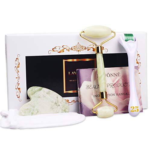LAVÔNNÉ 4-in-1 Authentic Jade Roller and Gua Sha Set Jade Roller and Derma Roller Set. Jade Roller and Guasha Gift Set.