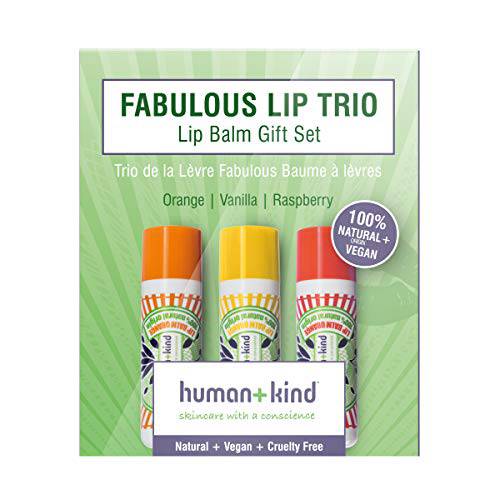 Human+Kind Lip Balm Trio - Orange, Vanilla, and Raspberry - Moisturize, Soften, and Smooth Dry, Chapped Lips - Vitamin E-rich Formula is Perfect for Sensitive Skin - Natural, Vegan Skin Care - 3-Pack