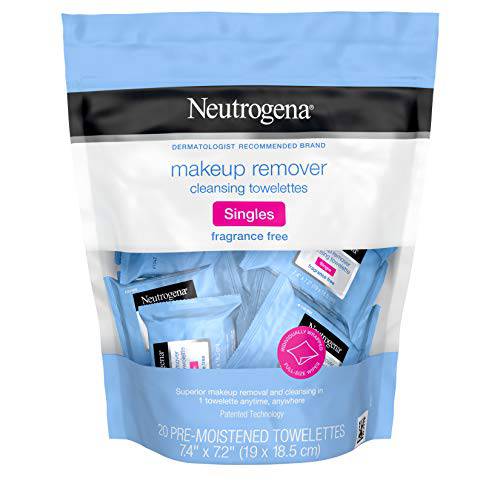 Neutrogena Fragrance-Free Makeup Remover Cleansing Towelette Singles, Individually-Wrapped Daily Face Wipes to Remove Dirt, Oil, Makeup & Waterproof Mascara for Travel & On-the-Go, 20 ct