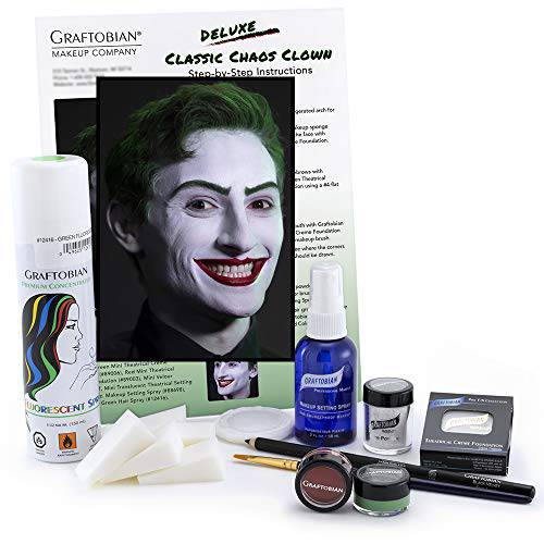 Graftobian Classic Chaos Clown Makeup Kit - Complete 11 Piece Set for Joker Jester or Clown Halloween Costume - Full Color Instructions (Deluxe)