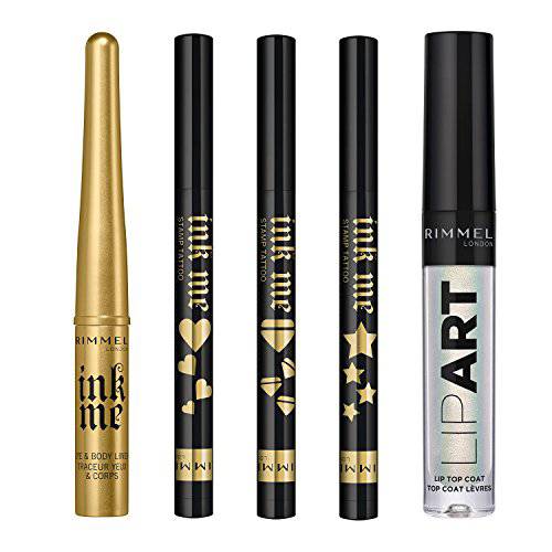 Rimmel Festival Makeup Collection 5 Piece Gold Eyeliner, Tattoo Stamps, and Pearlescent Lip Art Exclusive Set
