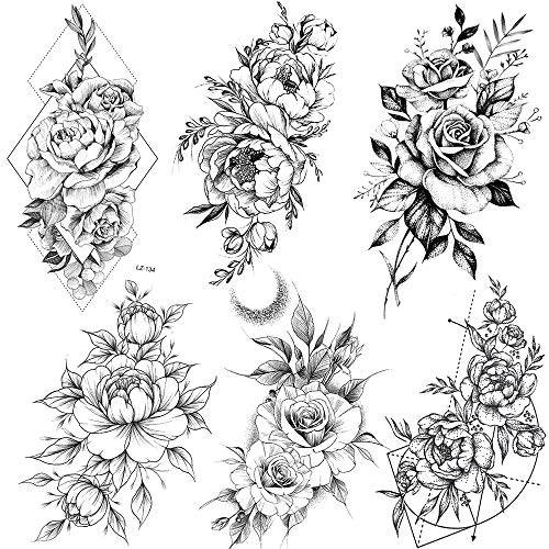 COKTAK 6 Pieces/Lot 3D Realistic Large Black Rose Flower Temporary Tattoos For Women Body Art Arm Big Peony Geometric Tattoo Stickers Adults Fake Waterproof Tatoo Legs Sketch Sexy Girl Peach Lily