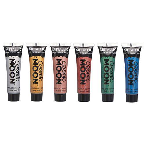 Cosmic Moon - Metallic Face Paint makeup for the Face & Body - 0.40fl oz - mesmerising metallic face paint designs - Set of 6 - Includes: Silver, Gold, Rose Gold, Red, Green, Blue