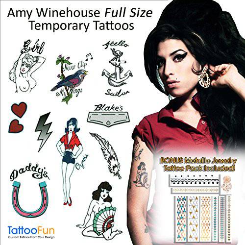 Amy Winehouse Tattoos and Wig | Skin Safe | MADE IN THE USA| Removable
