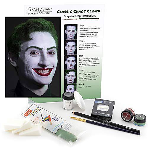 Graftobian Classic Chaos Clown Makeup Kit - Complete 10 Piece Set for Joker Jester or Clown Halloween Costume - Full Color Instructions (Standard)