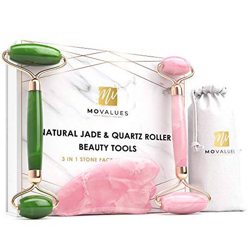 Authentic Jade Roller For Face, Rose Quartz Roller and Gua Sha Facial Tool Set - Face Roller: 100% Natural Jade, Face Massager/Facial Roller for Skin, Eyes, Neck - Authentic, Durable, Noiseless Design