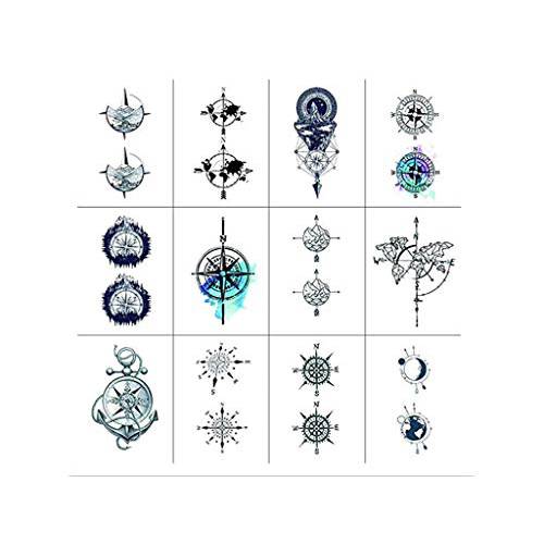 Set of 12 Waterproof Temporary Fake Tattoo Stickers Compass Grey Watercolor Blue