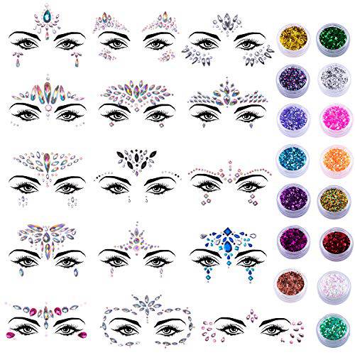 SIQUK 15 Sets Face Gems Glitter Mermaid Face Jewels Crystal Stickers with 15 Boxes Chunky Face Glitter for Festival Rave Carnival Party