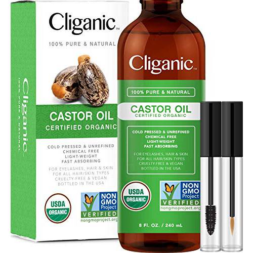 Cliganic USDA Organic Castor Oil, 100% Pure (8oz with Eyelash Kit) - For Eyelashes, Eyebrows, Hair & Skin | Natural Cold Pressed Unrefined Hexane-Free | DIY Carrier Oil 90 Days Warranty