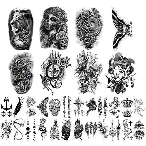 Yazhiji 32 Sheets Temporary Tattoos Stickers, 8 Sheets Fake Body Arm Chest Shoulder Tattoos for Men Women with 24 Sheets Tiny Black Temporary Tattoos