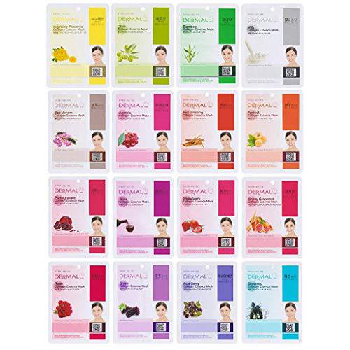 Dermal Korea Collagen Essence Full Face Facial Mask Sheets (16 Count (Pack of 1), SET B 16 Colors)