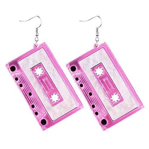 1980s Fashion Acrylic Magnetic Tape Earrings for 80’s Party Women Girls Punk Retro Cassette Crush Colorful Dangle Party Night Club Pretty (Pink)