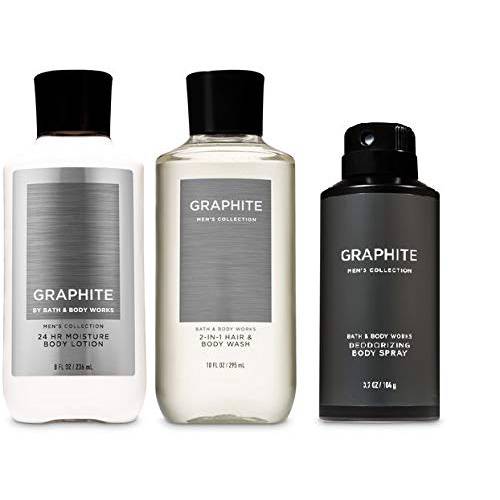 BATH AND BODY WORKS, GIFT SET GRAPHITE FOR MEN ~ BODY WASH ~ BODY LOTION AND DEODORIZING BODY SPRAY- FULL SIZE