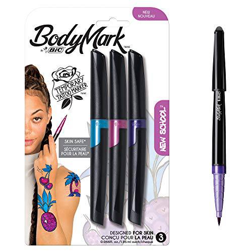 BodyMark by BIC, Temporary Tattoo Marker, New School Inspiration, Skin Safe, Brush Tip, Assorted Colors, 3-Pack (MTBP31NS-AST)