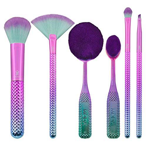 MODA Full Size Prismatic Deluxe Gift 6pc Makeup Brush Set, Includes - Foundation, Contour, Multi-Purpose Powder, Fan, Eye Shader, and Angle Eyeliner Brushes, Pink -Teal Ombre