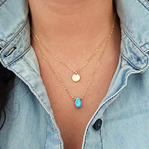 Jovono Bohe Layering Turquoise Necklaces Silver Sequin Pendant Necklace Chain Jewelry for Women and Girls
