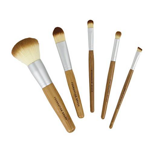 Bamboo Naturals Makeup Brushes, Natural Bamboo Handles, Includes Five Brushes: Powder Foundation Brush, Liquid Foundation Brush, Eyeshadow Brush, Smudge Brush, Angled Eyeliner Brush, 11 x 1.3 x 7