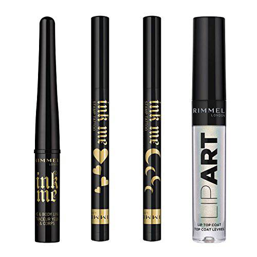 Rimmel Festival Makeup Collection 4 Piece Black Eyeliner and Tattoo Stamps Exclusive Set, Blush Gold and Gold Lip Arts