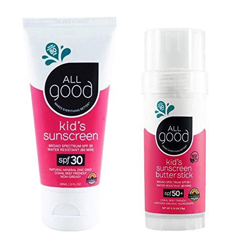 All Good Sport Mineral Face & Body Sunscreen - UVA/UVB Broad Spectrum, Water Resistant, Coral Reef Friendly, Gluten-Free - SPF 50 Butter Stick & SPF 30 Lotion
