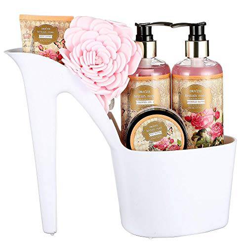 Draizee Coconut Home Gift Spa Basket, Luxury 5 piece Relaxation Set for Mom, New Mother with Bathtub Holder - 1 Best Valentine Gift Includes Body Scrub, Body Lotion, Shower Gel and More
