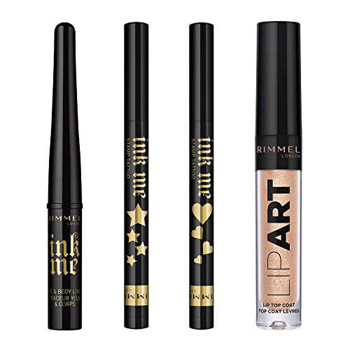 Rimmel Festival Makeup Collection 4 Piece Black Eyeliner and Tattoo Stamps Exclusive Set, Lip Art