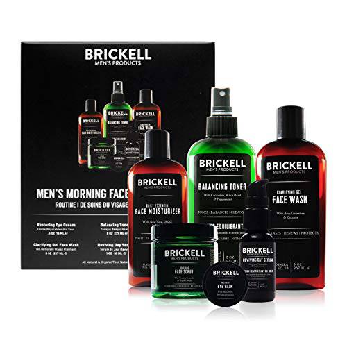 Brickell Men’s Morning Face Care Routine I, Clarifying Gel Face Wash, Alcohol Free Toner, Face Scrub, Eye Cream, Vitamin C Day Serum and Daily Face Moisturizer, Natural and Organic, Scented