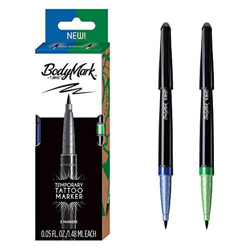 BodyMark by BIC Temporary Tattoo Marker, Old School Inspiration, Skin Safe, Brush Tip, Green & Blue, 2-Count