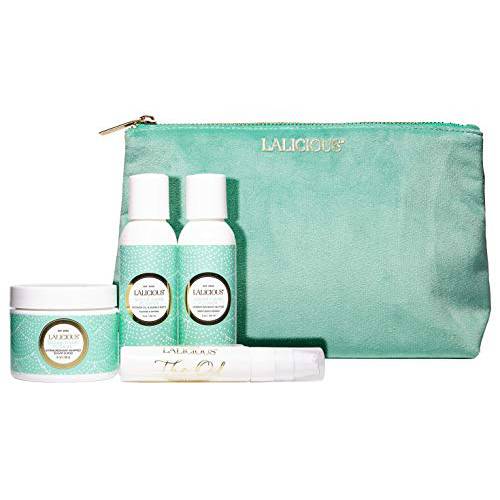 LaLicious Sugar Tiare Travel Set - Whipped Sugar Scrub, Shower Gel/Bubble Bath, Body Butter & Body Oil in a Luxe Velour Makeup Bag (4 Piece Kit)