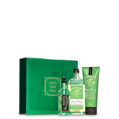 Bath and Body Works Aromatherapy Stress Relief EUCALYPTUS SPEARMINT Gift Box Set 3 pc arranged in an easel-style gift box with a coordinating ribbon.