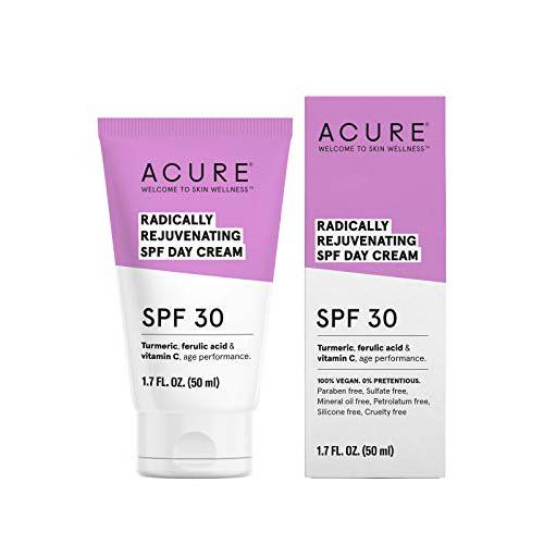 Acure Radically Rejuvenating SPF 30 Day Cream, 100% Vegan, Provides Anti-Aging Support, Turmeric, Ferulic Acid & Vitamin C, Sun Protection & Antioxidants, Scented, 1.7 Fl Oz