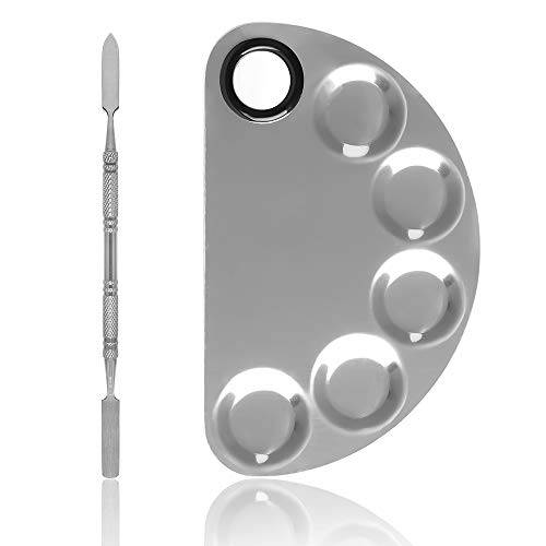 Makeup Palette, KissDate 6x4inch Stainless Steel 5-well Cosmetic Artist Mixing Palette with Spatula Tool for Nail Art Eye Shadow Eyelash Mixing Foundation (Silver)