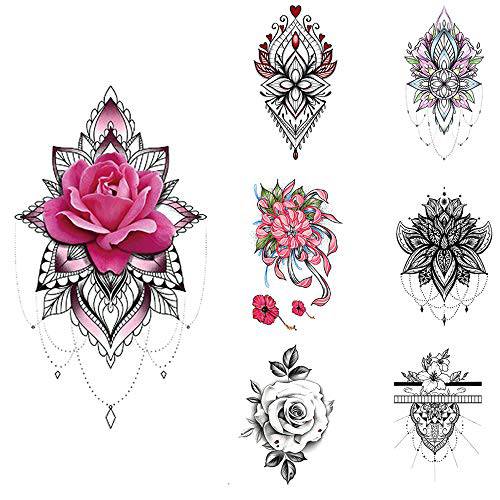 Glaryyears Henna Flower Temporary Tattoo for Women, 15-Pack Large Fake Tattoos Stickers on Body Arm Underboob, Realistic Tattoos Mandala Rose Styles